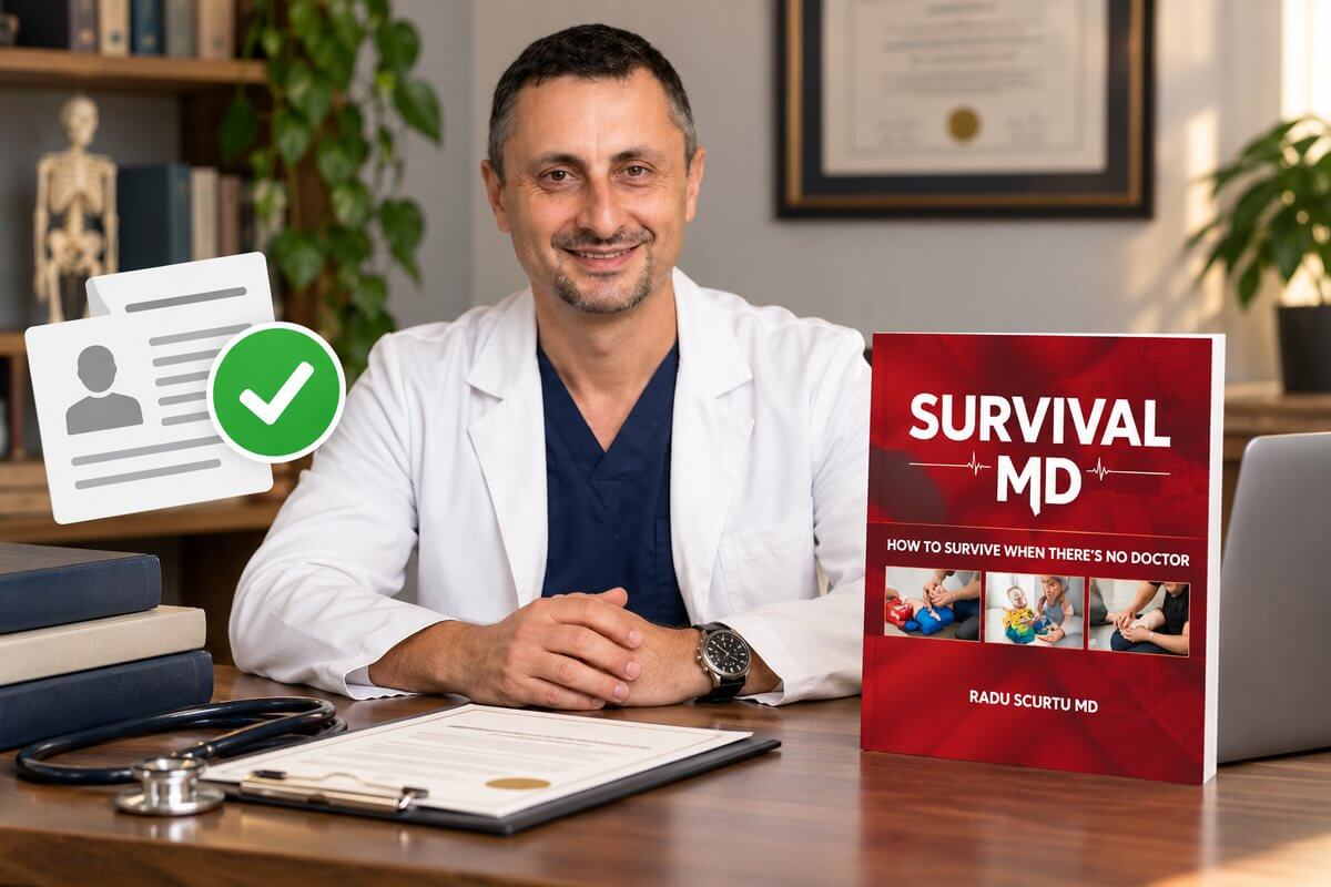 Dr. Radu Scurtu in a white coat at his desk next to the Survival MD book