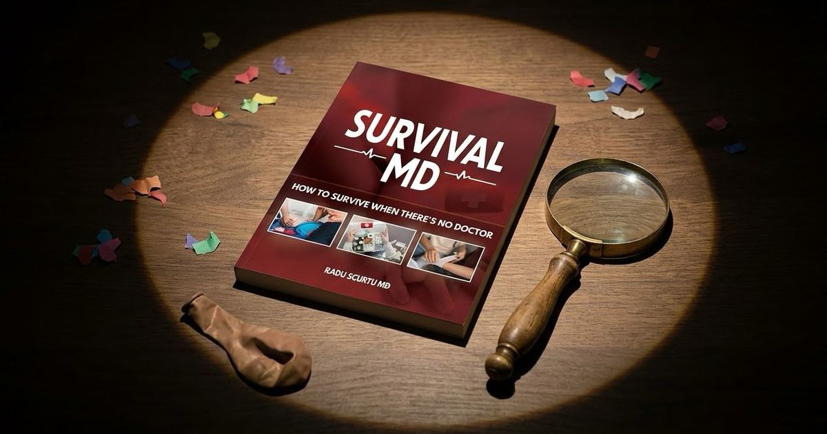 The Survival MD book by Dr. Radu Scurtu under a spotlight next to a magnifying glass, a deflated balloon and scattered confetti