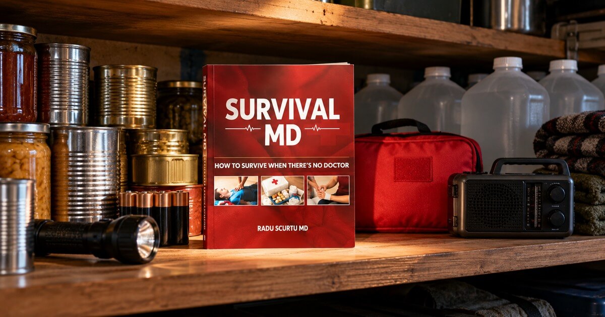 The Survival MD book by Dr. Radu Scurtu on an emergency supply shelf with canned food, water jugs, a first aid kit, a flashlight, batteries and a radio