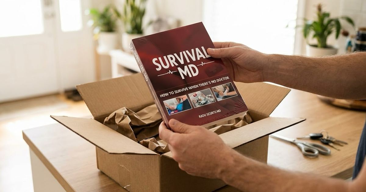 A buyer unboxing the printed Survival MD book by Dr. Radu Scurtu