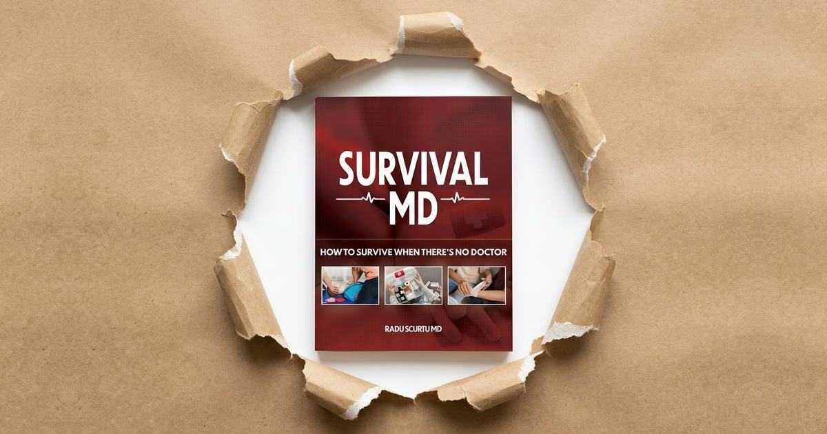 The Survival MD book by Dr. Radu Scurtu revealed through a hole torn in brown kraft paper