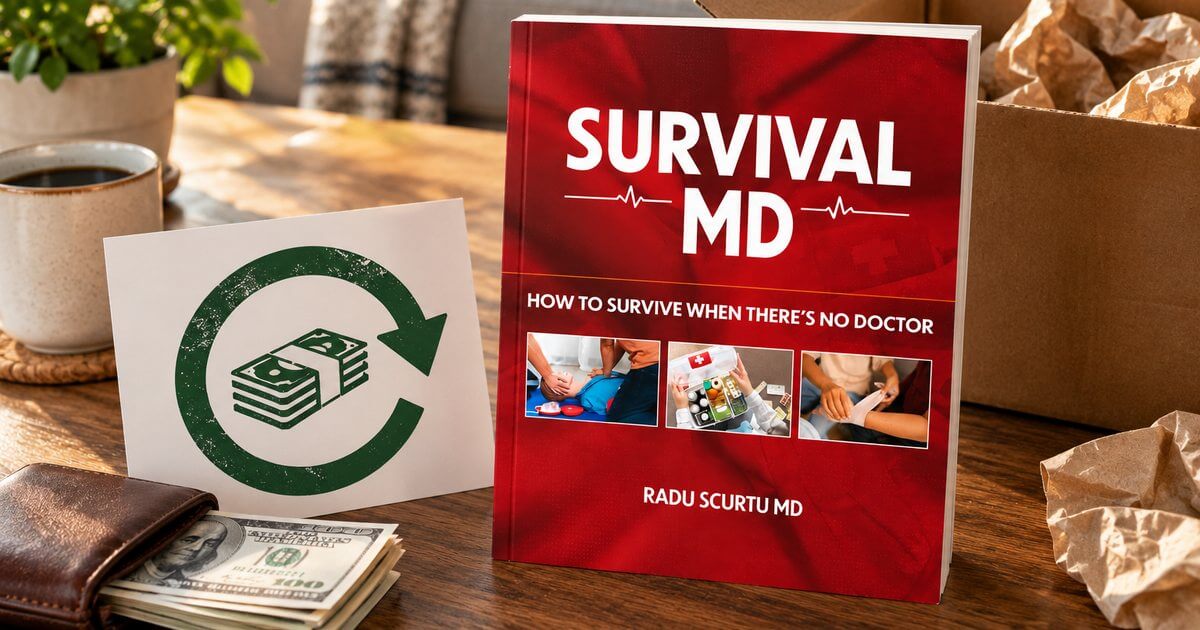 The Survival MD book by Dr. Radu Scurtu next to a money-back card, a wallet with cash and an opened shipping box