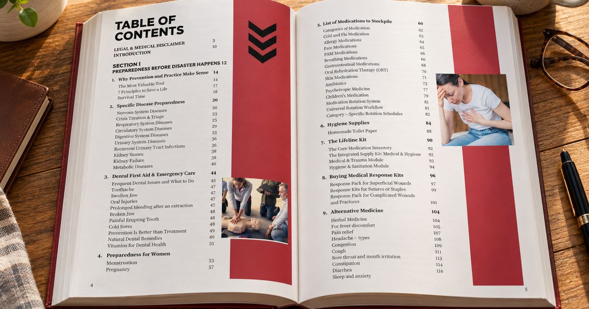 Survival MD by Dr. Radu Scurtu open to its table of contents, showing chapters 1 to 9 with page numbers